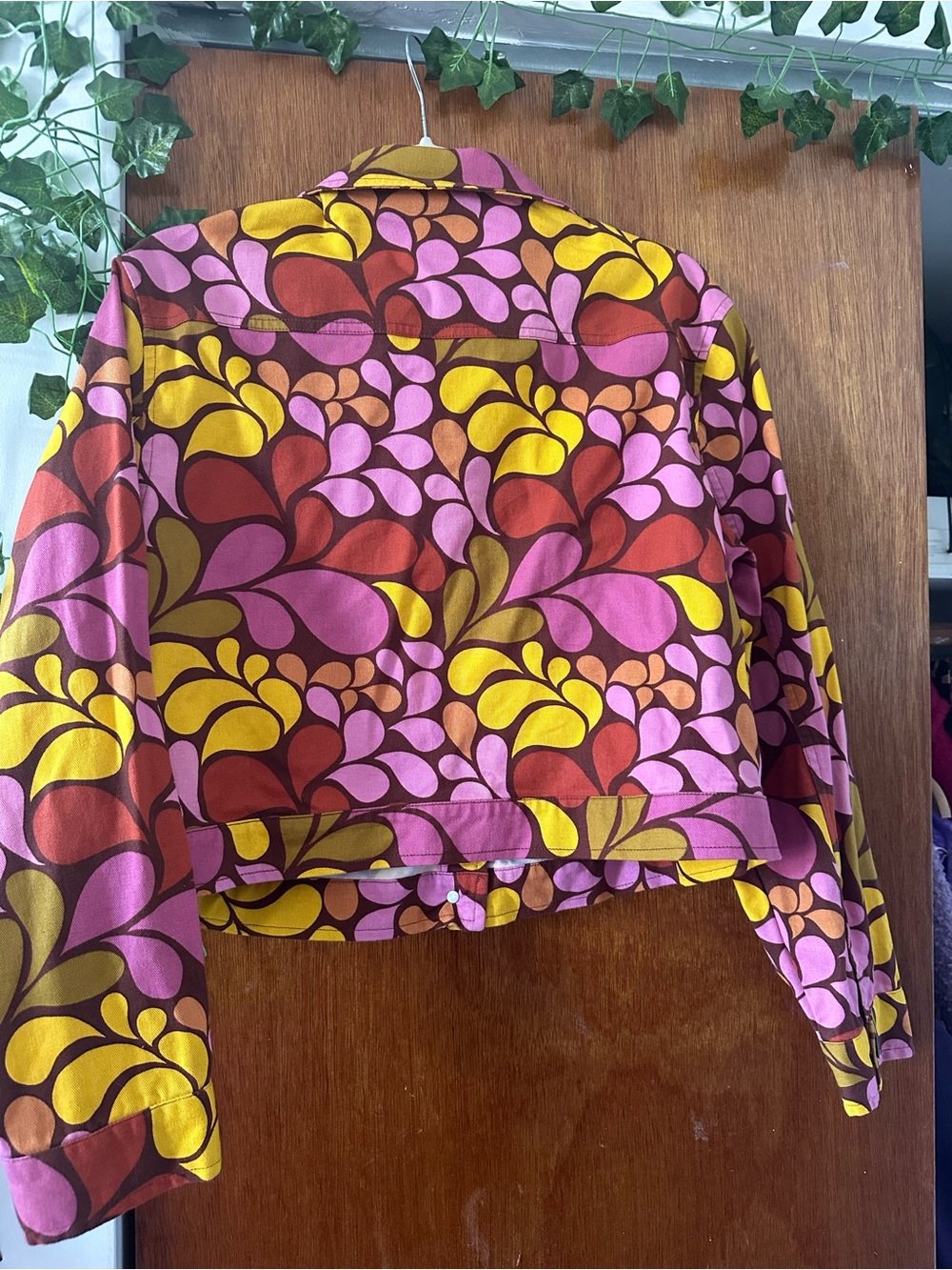 Lucy & Yak pink yellow pattern crop Jean jacket M - Picture 3 of 4